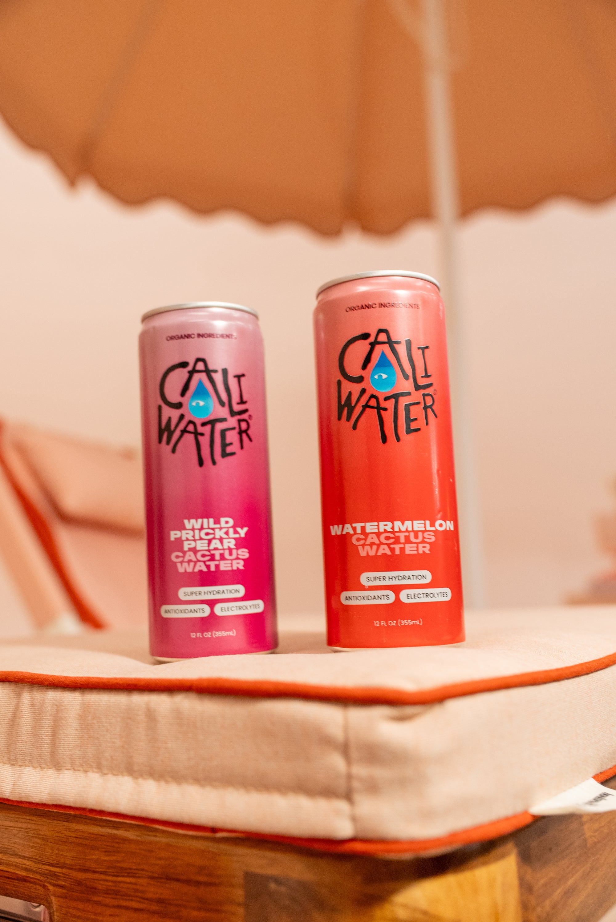 Caliwater wild prickly pear and watermelon cans sitting on a sun lounger