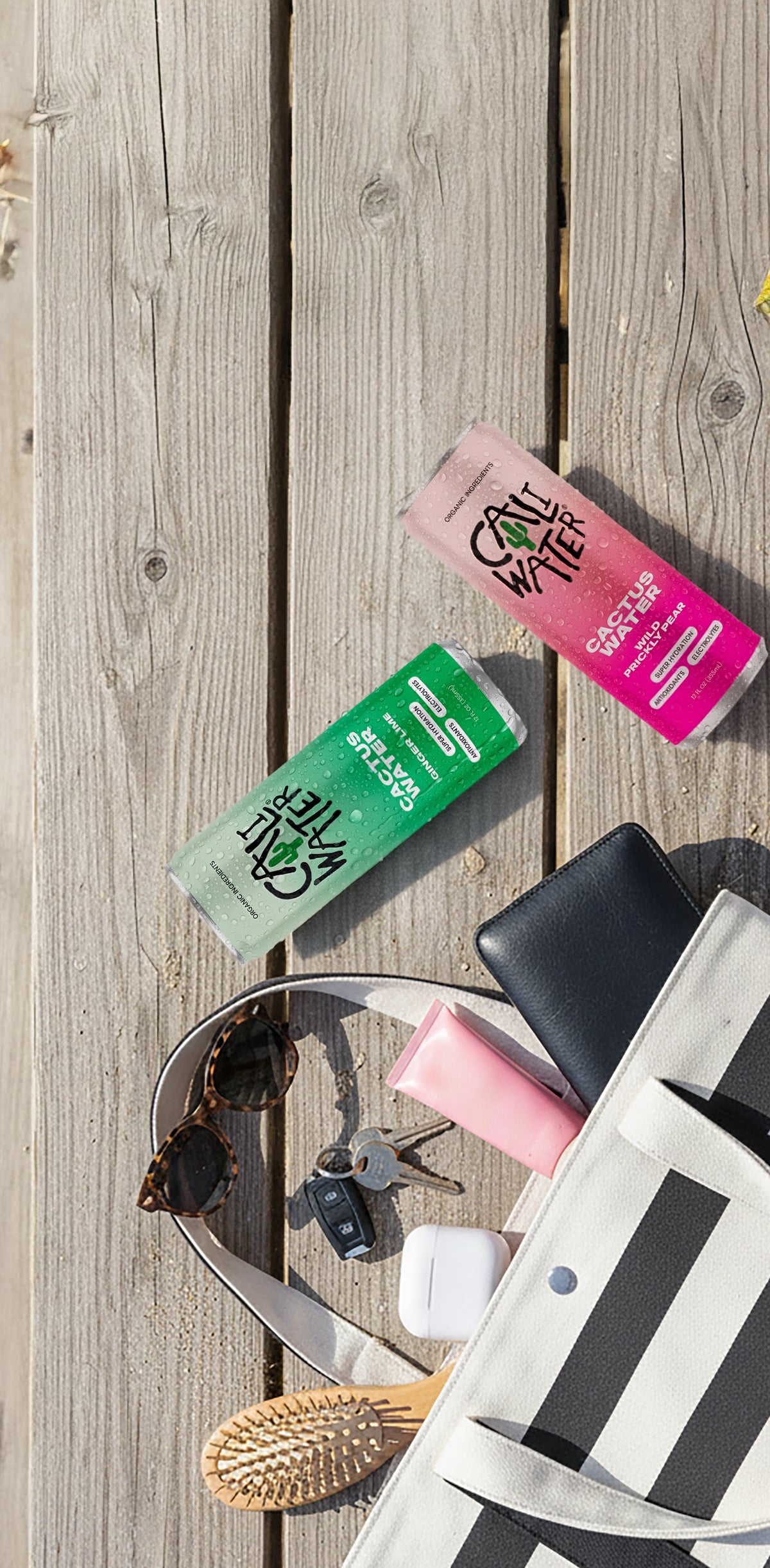 Caliwater Cactus Water and essential items spilling out of a purse